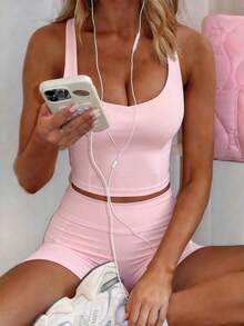 GAOVOT Women's 2 Pieces Sports Set, Summer Sexy Tank Top With Padded Chest And High-Waisted Pocket Shorts, Suitable For Yoga, Cycling And Fitness Pink - 粉色 - 查看 4
