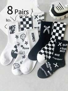 8 Pasang Kaos Kaki Pendek Motif Kotak-kotak dan Huruf Grafiti Warna Acak untuk Anak Laki-laki, Perempuan, Remaja, Gaya Kasual Jalanan, Cocok untuk Musim Semi/Gugur, Kaos Kaki Olahraga, Kaos Kaki Pelajar - MultiWarna - View 6