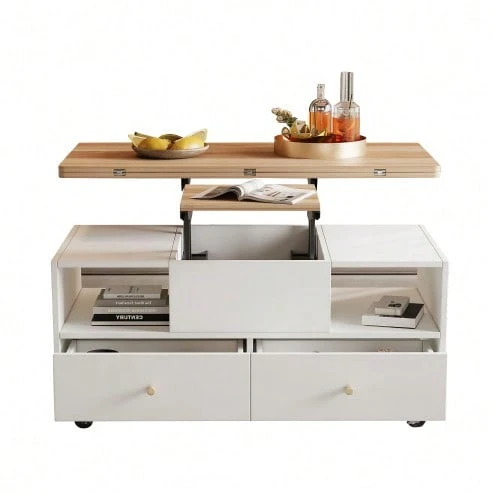 Height-Adjustable Coffee Table With Folding Function And 4 Drawers, 100 X 50 X 47.5 Cm, One Large And One Small Hydraulic Lifting Table, Mobile Living Room Table With Universal Wheels, Side Table For Sofa. - Natural Color - View 1