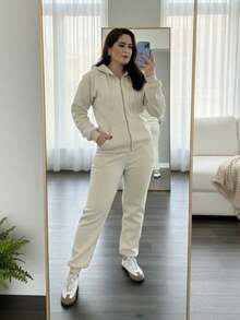 Women's Winter Tracksuit Set: Jacket With Zipper And Hood, Casual Jogger Pants. Comfortable, Warm, And Stylish. Sporty Look, Gym, Travel, Everyday Wear. - 冰白 - 查看 2