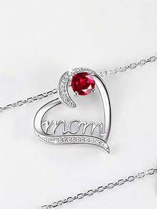 1pc Women's Cubic Zirconia Pendant Necklace, Suitable As Mother's Day Gift, Anniversary Celebration, Party Wear - Silver + Red - View 3