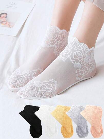 chuanwa（2） 1/5/10 Pairs Women's Lightweight Breathable Moisture-Wicking Rose Lace Ankle Socks, Summer