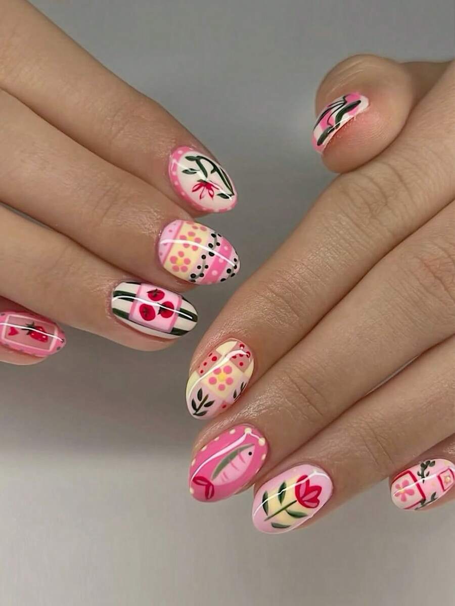 24 móng tay giả màu hồng kiểu Pháp, móng Y2K, móng ngắn hình bầu dục, họa tiết hoa và dâu tây, có thể tái sử dụng, móng acrylic, phụ kiện làm móng giả, tặng kèm 24 miếng dán gel và một dũa mini. - Hồng - Xem 1