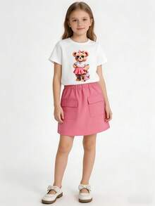 Young Girl' Sweet & Cute White Round Neck Cartoon Bear Print Top And Fuchsia A-Line Pocket Skirt Set, Fashionable Everyday Outfit - Pink - View 2