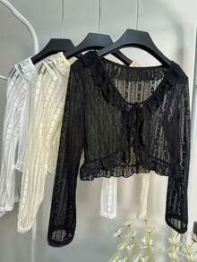 一件蕾丝短款开衫，系带长袖披肩，荷叶边下摆，甜美夏季女式外套，适合海滩、度假穿着 - 彩色 - 查看 6