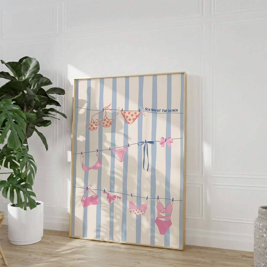 1 peça de arte de parede fofa com varal de roupas de verão, impressão em tela estilo casa de praia/litoral | Decoração rústica costeira com listras azuis suaves para quarto, sala de estar ou escritório, pôster náutico fofo com laço rosa e azul, presente para ela, sem moldura, com moldura de madeira ou moldura de madeira - padrão - Ver 1