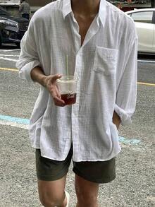 Men's Solid Color Long Sleeve Single-Breasted Pocket Loose Casual Shirt, Autumn - 白色 - 查看 2