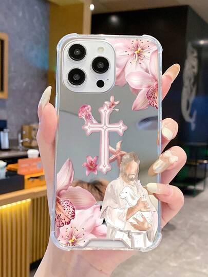 1 pieza Funda de espejo de acrílico para teléfono con diseño de flor, cruz y Jesús, compatible con iPhone 16/16Pro/16Plus/15/15ProMax/15Pro/11/12/13/14ProMax/12Mini/13Mini/11Pro/11ProMax/12Pro/12ProMax/13Pro/13ProMax/14Pro/14ProMax, carcasa suave, diseño elegante y creativo