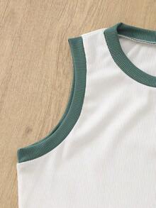 Conjunto de 2 piezas de camiseta sin mangas y falda larga de unicolor con ribete de contraste en estilo vintage elegante para resort, primavera/verano - Blanco y verde - Ver 5
