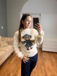 Women's Teddy Bear Knit Blouse, Long Sleeve, Embroidered Jacket, Mousse Yarn - 白色 - 查看 1