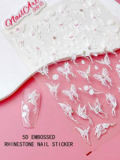 5D Embossed Rhinestone Nail Sticker , Nail, DIY Nail Decoration, Nail Stickers, Butterfly Outlined With Translucent White Lines, Wings With Pink Gradient Blending, Paired With Small Flower Elements, Very Suitable For Girls To Create Nail Art, Suitable For Creating Clear And Fairy Style DIY Decoration, Very Suitable For Spring, Summer, Autumn, Winter Seasons, Suitable For Matte, Shiny Nails, Long Nails, Short Nails, Duckbill, Pointed, French Patches And Artificial Nails