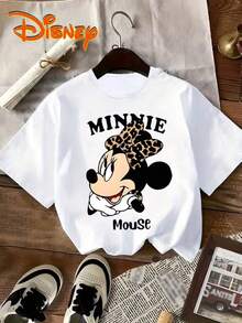 Disney Authorized, Mickey Mouse, Minnie Leopard Bow T-Shirt Cute Cartoon T-Shirt Women's Casual Short-Sleeved Shirt Fashion Street Wear, A Gift From Disney Fans. - White - View 1