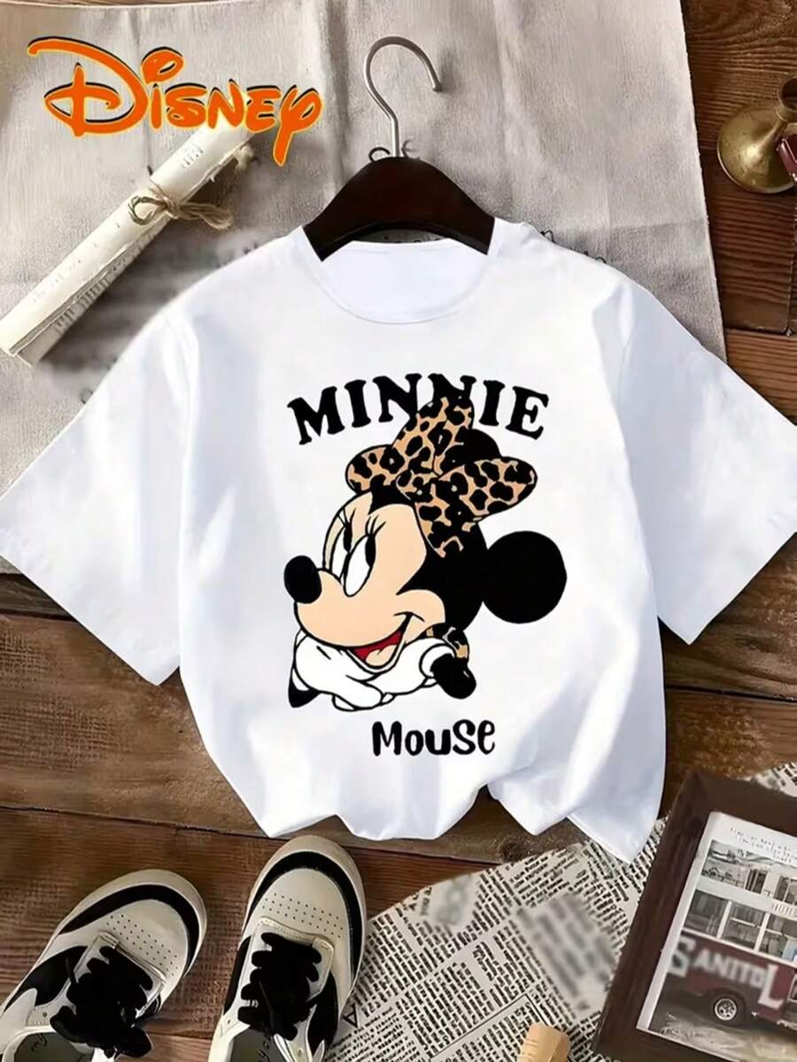 Disney Authorized, Mickey Mouse, Minnie Leopard Bow T-Shirt Cute Cartoon T-Shirt Women's Casual Short-Sleeved Shirt Fashion Street Wear, A Gift From Disney Fans. - White - View 1