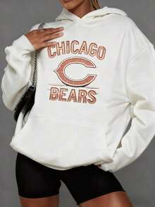 Women'S Casual Pullover Hooded Sweatshirt With Bears Chicago Logo Print With Glitter Effect |   Long Sleeve, Hooded, Regular Fit, With Kangaroo Pocket, Streetwear For Winter Fall, As Gifts PLUS SIZE2026 - 白色 - 查看 13
