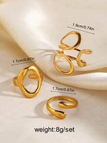 3pcs Stainless Steel Water Drop & Oval Ring Set, Suitable For Women's Daily, Party Wear, Holiday Gift - Gold - View 3
