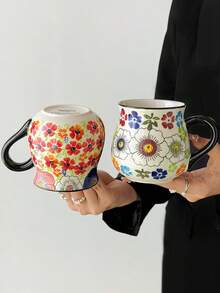 1pc Colorful Floral Design Mug, Hand-Painted Underglaze Flower Mug, Retro Ceramic Cup With High Aesthetic For Girls, Niche Couple Coffee Cup, Gift Mug For Afternoon Tea And Coffee, Suitable For Cafe, Dessert Shop, Office - Multicolor - View 3