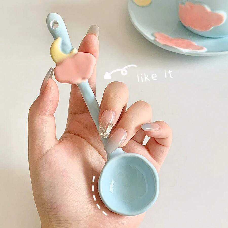 Star Moon Spoon Household Kitchen Tableware Ceramic Coffee Spoons Cute And Girlish Underglaze Color Creative Cartoon Small Scoop - 查看 1