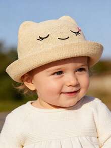 1顶男女通用婴儿/幼儿卡通脸刺绣多功能遮阳帽，卡通爱心睫毛针织透气草帽，适合春、夏、秋季佩戴 - 1PC - 查看 1