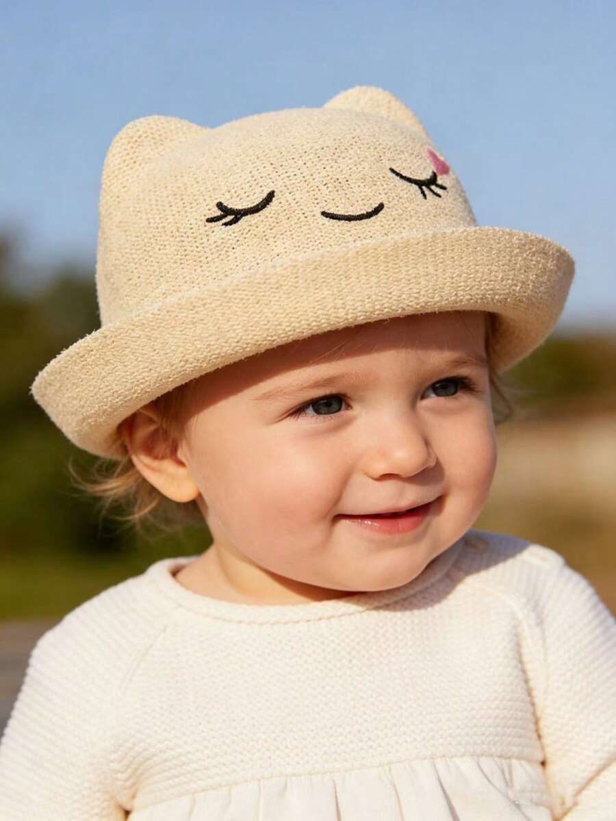 1顶男女通用婴儿/幼儿卡通脸刺绣多功能遮阳帽，卡通爱心睫毛针织透气草帽，适合春、夏、秋季佩戴 - 1PC - 查看 1