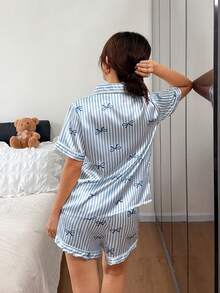Dreamivo Bow Tie & Striped Print Short Sleeve Shorts Pajama Set For Women - Baby Blue - View 7