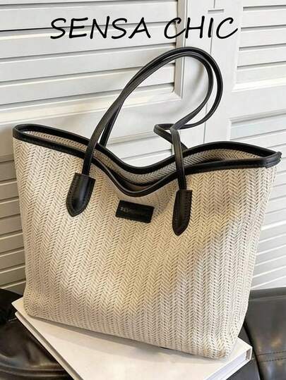 Túi đeo vai bằng rơm cao cấp, thời trang, tối giản dành cho nữ, kiểu dáng cổ điển, phù hợp cho kỳ nghỉ và sử dụng hàng ngày, thích hợp cho đi làm, đi chơi, mua sắm và du lịch, dành cho nhân viên văn phòng, kỳ nghỉ hè.