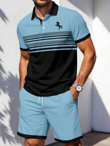 Men's Business Casual Patchwork 3D Print Pattern Plus Size Polo Shirt & Shorts Set, Fashion Summer Holiday Sports 2 Pieces Outfit - Cadet Blue - View 12