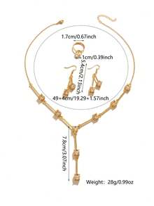 1 Set Elegant Copper Alloy Square Crystal Tassel Earrings, Open Ring, Y-Shaped Necklace Jewelry Set, Suitable For Women's Daily Wear And Holiday Gifts - Yellow Gold - View 3
