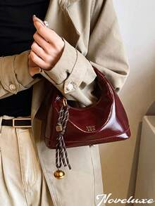 New Fashion Solid Color Clown PU Waterproof Handbag, Letter Graphic Decor, Zipper Closure, Square Tote Bag, Burgundy Handbag With Pendant Decor, Adjustable Shoulder Strap, Suitable For Shopping, Fashionable Burgundy Bag, Essential For New Year - Màu Đỏ Sâu - Xem 5