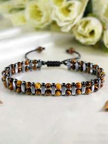 Pulsera hecha a mano de cuentas de piedra de ojo de tigre de doble capa, accesorio tejido de estilo punk hipoalergénico, adecuado para uso diario y como regalo - Multicolor - View 3