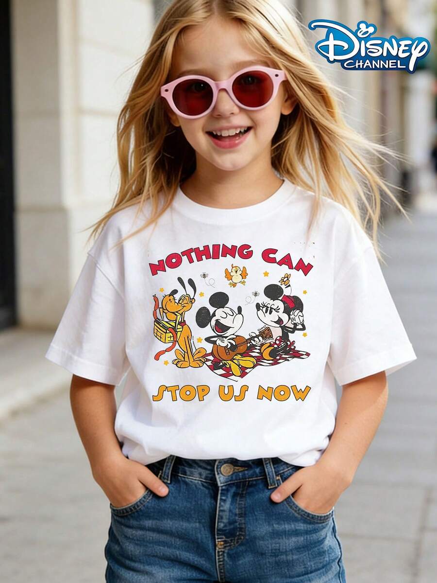 Disney Mickey Mouse Nothing Can Stop Us Now Cartoon Print Summer Tops, Graphic Tee, Perfect For Cute Girls. Teen Girl Gift,Tween Summer Clothes,Comfortable And Breathable Children's Short-Sleeved T-Shirt. Suitable For Both Boys And Girls.Suitable For Daily Wear, Vacations, Outdoor Activities, And As A Children's Gift. - trắng - Xem 1