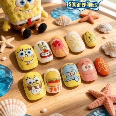 SpongeBob SquarePants 方裤可爱3D卡通可拆卸美甲贴纸套装，无需光疗灯固化，DIY美甲贴纸配件，自粘式，随机款式美甲贴纸，美甲用品，美甲装饰，美甲配件，美甲贴纸，美甲沙龙DIY滑动美甲装饰，美甲师必备，美甲贴纸，随机款式美甲贴纸，滑动美甲装饰。
