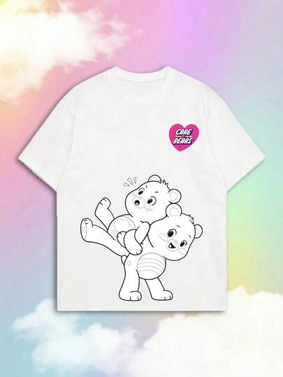 SHEIN | Care Bears Summer Women's Short Sleeve Classic Cartoon Bear Interactive Fun Line Art Graphic T-Shirt, A Fusion Of Sweet Cool E-Girl Style And American Retro Aesthetic, Practical For Both Styling And Daily Wear, Suitable For Girls' Dates, Summer Shopping, Campus Commutes, Themed Parties, Vintage Markets, Daily Vacations, Holiday Gatherings And More, A Core Item For Creating Y2K Millennial And Unique Streetwear Outfits
