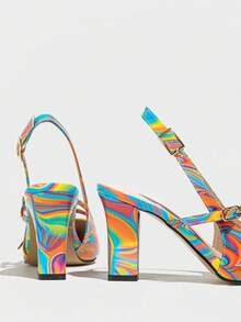 Sandalias de tacón grueso con punta puntiaguda y tira trasera de colores para mujer, versátiles y adecuadas para banquetes y fiestas con tacones altos - Azul multicolor - Ver 8