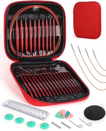 Interchangeable Knitting Needle Set With Circular Crafters, 13 Circular Knitting Needles With 4, 3-10 Mm Aluminum Knitting Needles Beginner, Crafts, Red Needle Set