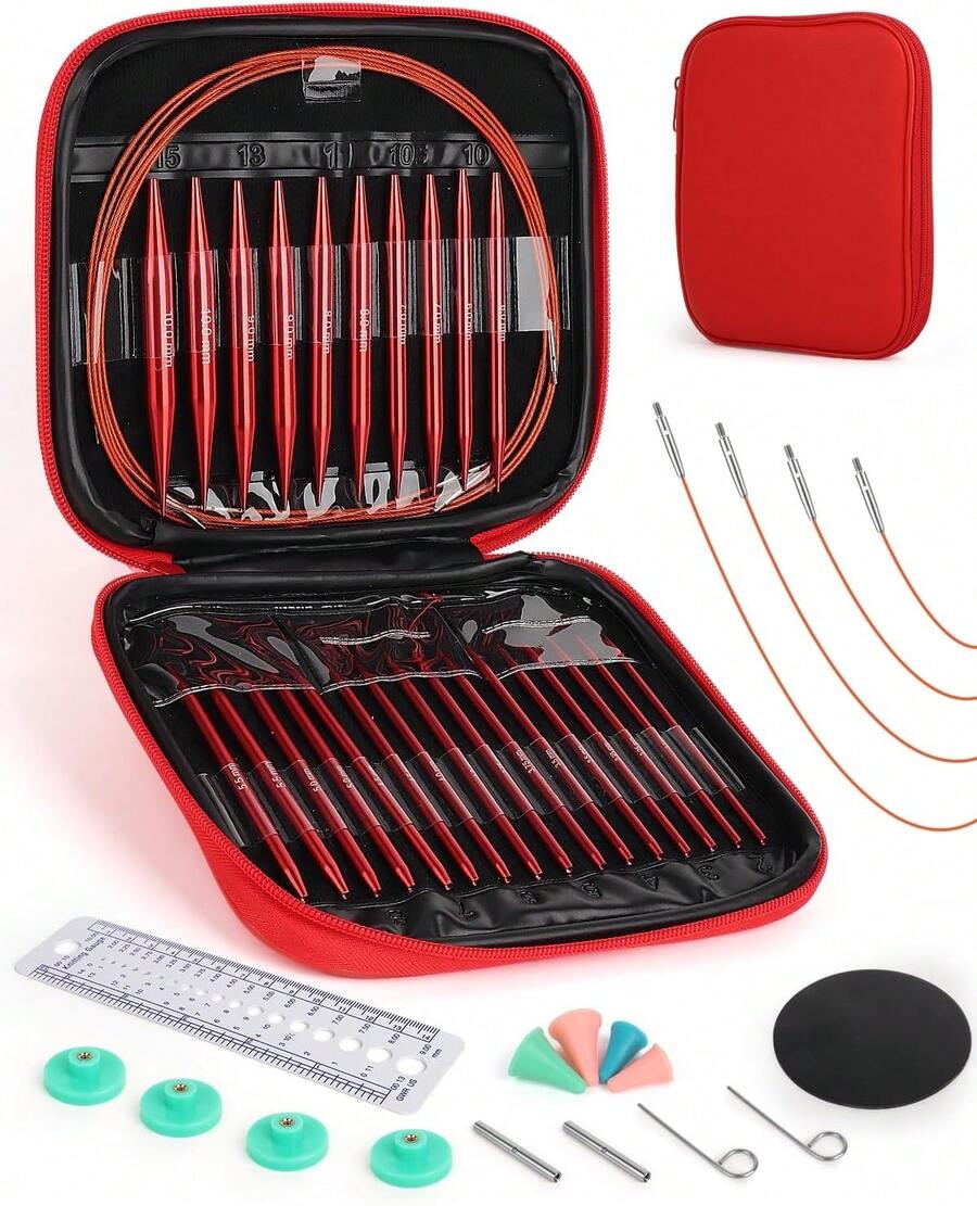 Interchangeable Knitting Needle Set With Circular Crafters, 13 Circular Knitting Needles With 4, 3-10 Mm Aluminum Knitting Needles Beginner, Crafts, Red Needle Set - 40/60/80/100 cm Needle Cables - View 1