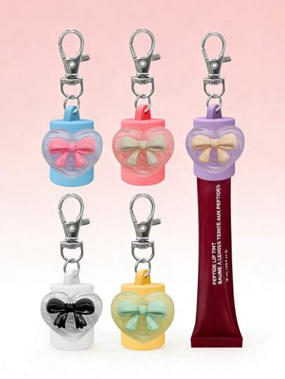 1/2个心形蝴蝶结唇彩钥匙扣，唇膏钥匙扣盖，便携式唇彩收纳盒，润唇膏收纳盒，唇膏钥匙扣，旅行配件，唇膏盖钥匙链，多功能配件，唇膏钥匙扣盖，便携设计，易于挂在钥匙上，女士配饰，情人节礼物