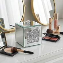 1 pieza Caja de almacenamiento de escritorio con espejo de cristal de Rhinestone - Con tapa a prueba de polvo Caja de joyería | Organizador de pinzas y lazos para el cabello | Caja de palillos | Caja de toallitas de limpieza de cristal - Plateado - Ver 1