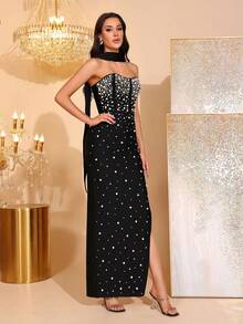 Rhinestone Strapless Slit Tube Bridesmaid Dress, Party Bandage Dress - Black - View 8