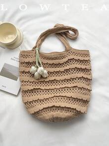 1pc Low Tea Solid Color Woven Fabric Shoulder Bag, Women's Retro Fashion Woven Shoulder Bag, Top Double Handle Design, Open Closure, Suitable For Travel, Shopping, Dating, Women's Gift, Very Suitable For Commuting, Outdoor, Travel, Hiking (With Pendant) - Khaki - View 5