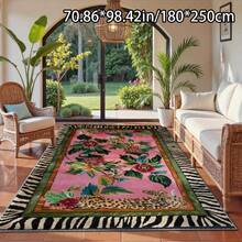 Floral Carpet |   Bright Pink, Green, And Blue Floral Designs, Paired With A Black Leopard Print Border, Suitable For Indoor And Outdoor Use - 1PC - View 3