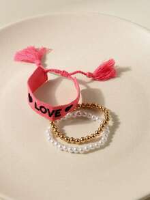 Bộ 3 vòng tay thủ công kiểu dáng nghỉ mát biển màu xanh dương, làm bằng dây bện, thêu chữ và đính ngọc trai giả. - Nhiều màu - Xem 10