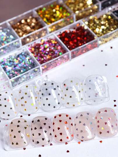 Hạt kim tuyến hình trái tim và ngôi sao ba chiều, thích hợp để đổ khuôn nhựa epoxy, hạt kim tuyến nhỏ hình trái tim và ngôi sao lấp lánh, trang trí móng tay, vật liệu thủ công làm móc khóa DIY.