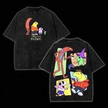 Smiling Friends Washed Cotton Shirt, Smiling Friend Ss3 Shirt, Graphic Tee, Cartoon Double Printed Vintage Washed Tee Cotton T-Shirt Fabric Menswear Top Collarsummer Outfits For Womengraphic Tees - 黑色 - 查看 6