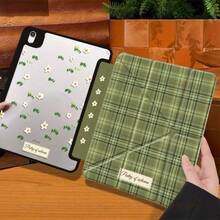 1 pieza Funda protectora para tableta con diseño de cuadros verdes otoñales, plegado en Y, transparente y plana, soporte de múltiples ángulos, anti-doblez y anti-caída, función de despertar automático, compatible con iPad 10th Gen / Air4/5/Pro 11" / 9/8/7th Gen, estilo femenino y suave para niñas - Verde - Ver 3