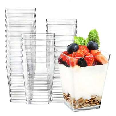 50个装优质方形甜点杯 - 透明塑料布丁杯，可重复使用，非常适合盛装酸奶、水果、慕斯和迷你甜点 - 优雅的宴会及日常使用餐具