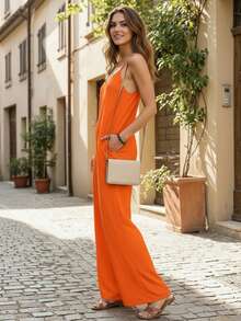 Mono Sexy Tirantes Liso Pata De Elefante Primavera Verano Para Mujer - Naranja Neón - Ver 4