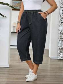 Plus Size Women's Dark Grey Elastic Waist Capri Length Jeans, Topstitching Craftsmanship, Comfortable Vintage Mid-Length Pants For Summer Commute Casual - Dark Grey - View 5