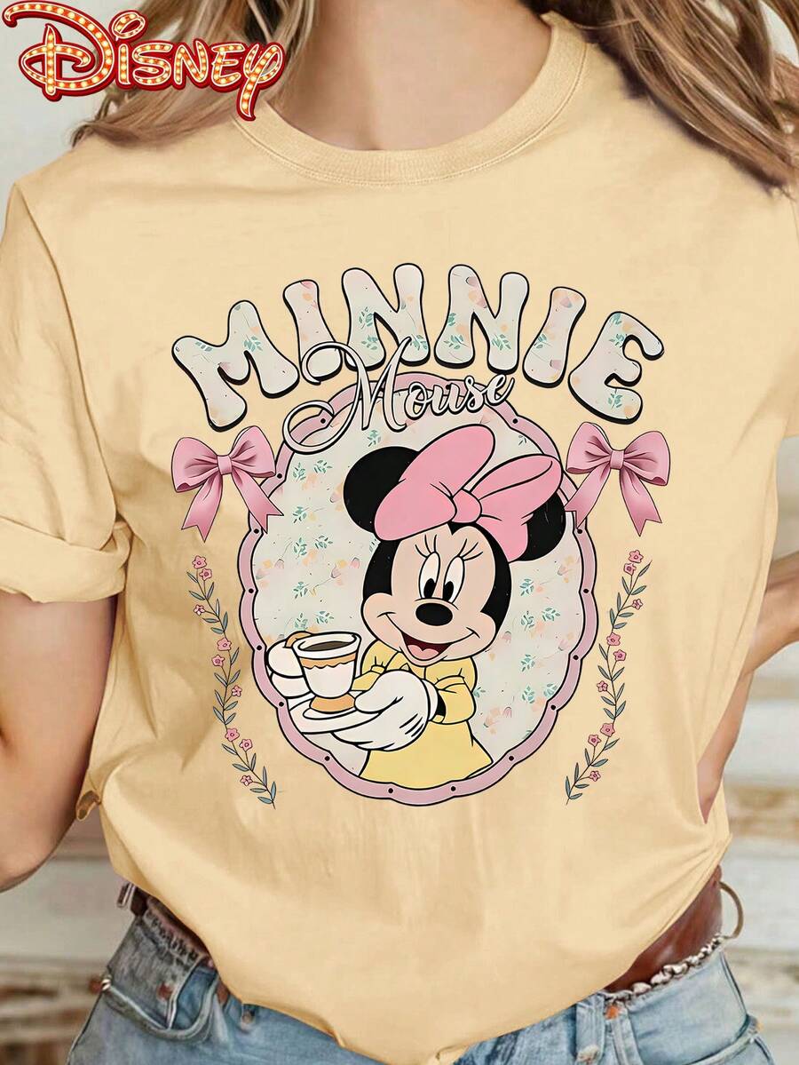 Disney Genuine Authorization, Minnie Mouse Afternoon Tea Flower Border Sweet Girlish Style Printing Casual Fashion Comfortable Summer Style Round Neck Ladies Summer T-Shirt, Design Sense Of Joker In Summer Must-Have High-Quality Fabric Ladies Short-Sleeved T-Shirt. - Màu be - Xem 1