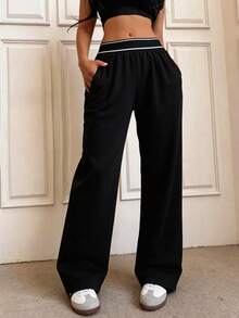 Women's Spring Outfits, Summer Outfits, Contrasting With Straight-Leg Sport Pants | Loose-Fitting Slim-Fit Sport Pants For Women, Suitable For Daily Walks | Creamy And Highly Elastic Straight-Leg Pants | Multi-Functional Style Suitable For Spring Commutes And Gym Workouts | Flowing Straight-Leg Sport Pants | Slim-Fit Casual Sport Pants For Women, Suitable For Daily Casual Wear With A Minimalist Style, Machine Washable And Hand Washable. - 黑色/材質升級 - 查看 1