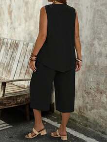 EMERY ROSE Plus Size Women Solid Color Round Neck Top And Wide Leg Pants Casual Daily Summer 2 Pieces Set Pant Suit Summer Sets Capri Sets Women Black Jumpsuit Women Elegant Vest And Pants Set Capri Jumpsuit Women Vacation Outfit Sets Women Elegant Outfits Black Sleeveless Top And Pants Set Classy Coords Outfit For Women Women 2 Piece Outfit Casual - 多色 2 - 查看 2